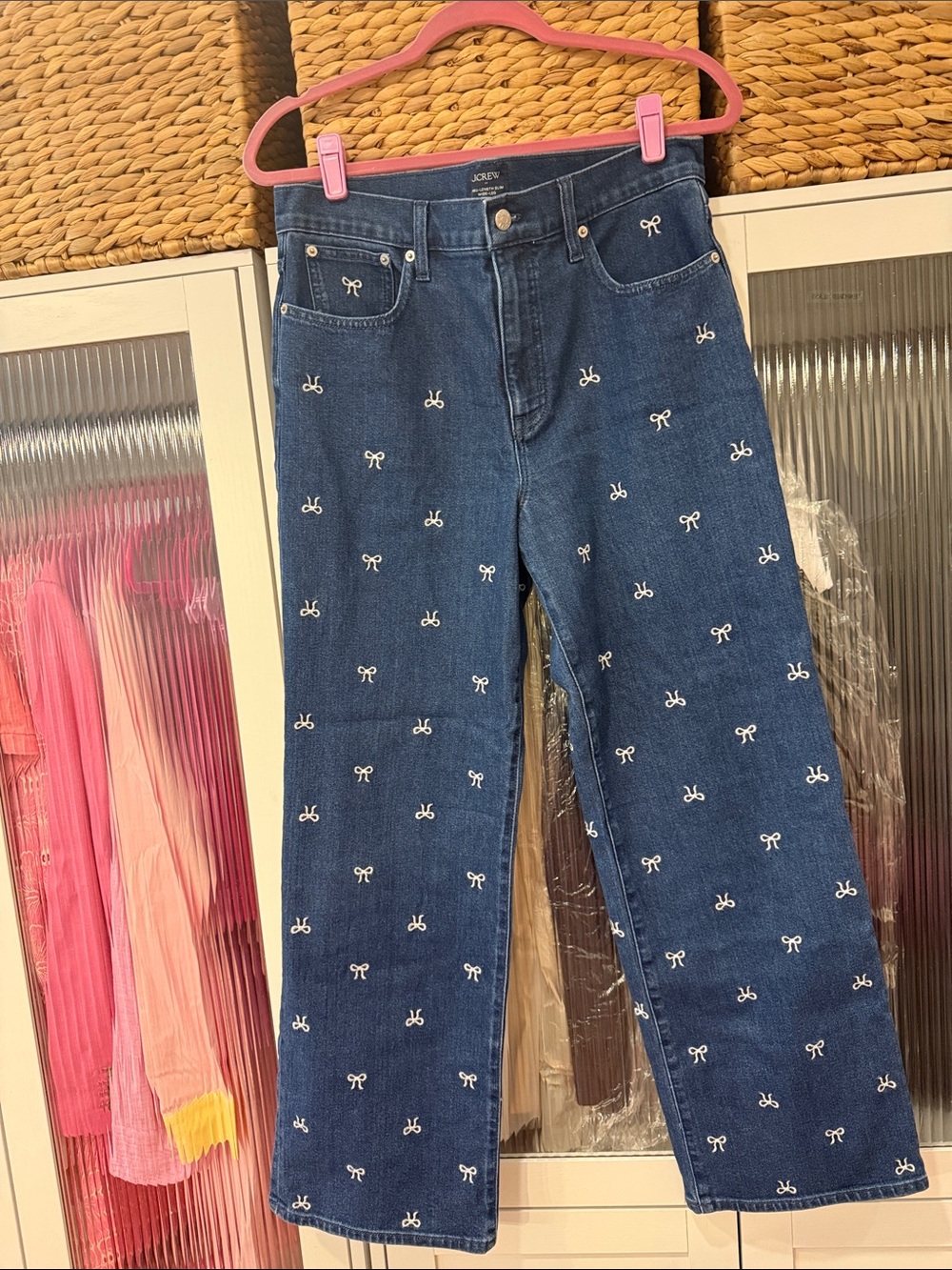 J. Crew Dark Blue Wide-Leg Jeans with White Bow Embroidery